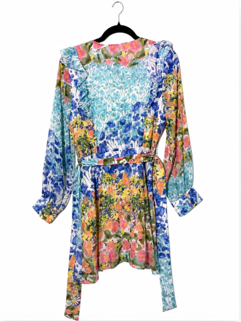 Zara Floral Patchwork Mini Dress with Ruffles & Tie Waist - Size Medium